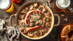 Традиционное немецкое блюдо из сосисок с грибами в яблочном соусе