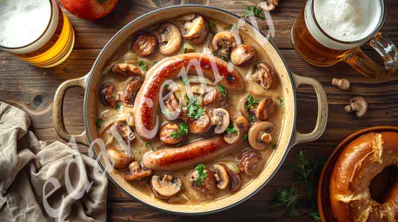 Традиционное немецкое блюдо из сосисок с грибами в яблочном соусе